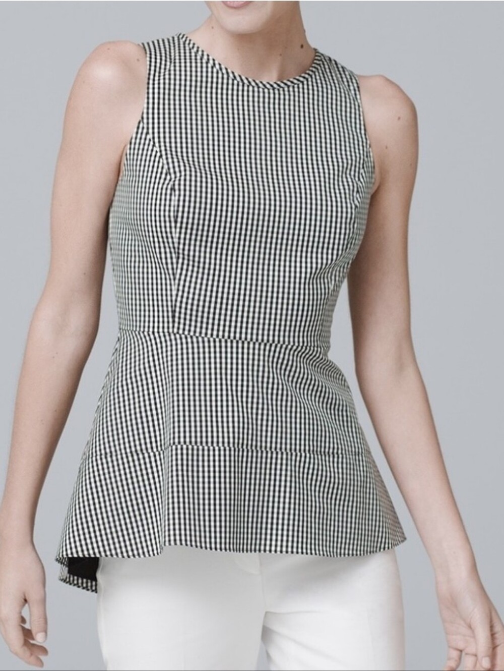 White House Black Market Black & White Gingham Peplum Top Size 10 Career Party